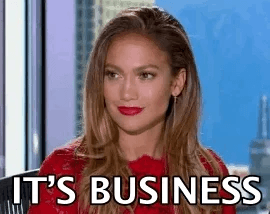 Woman with an It's Business caption